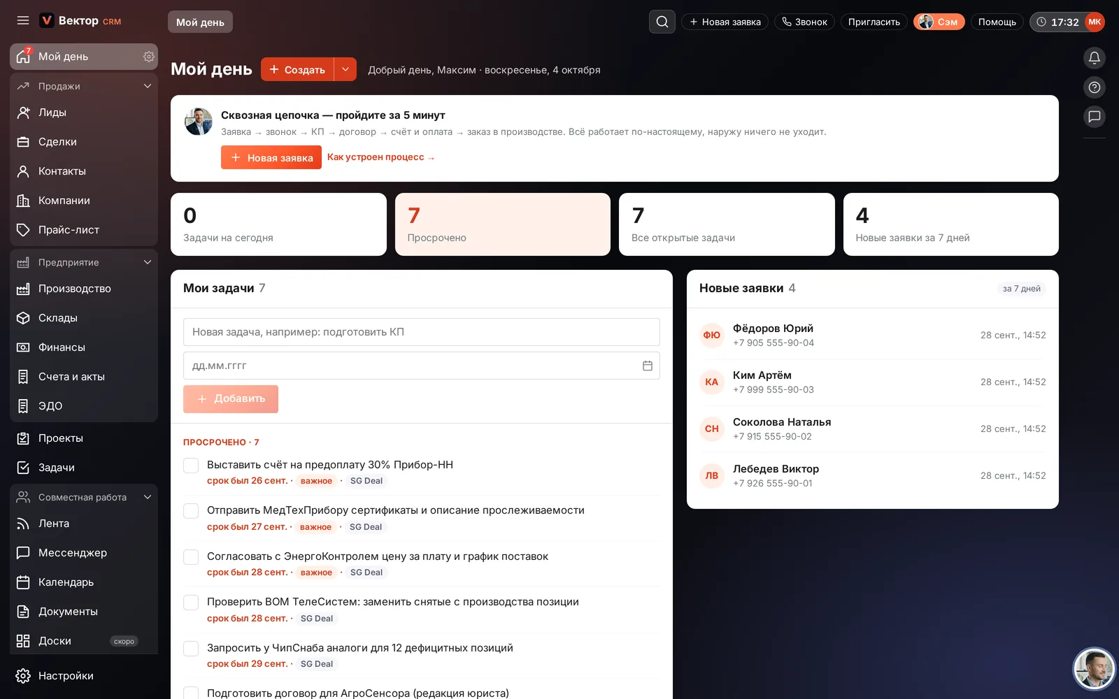 Рабочий стол «Мой день» в демо CRM «Вектор»: задачи, просрочки, новые заявки